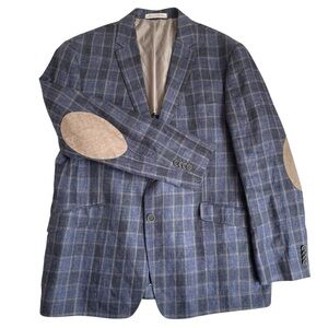 JOSEPH ABBOUD Linen Blazer Mens 46R Slim Plaid Elbow Patch Sport Coat Jacket